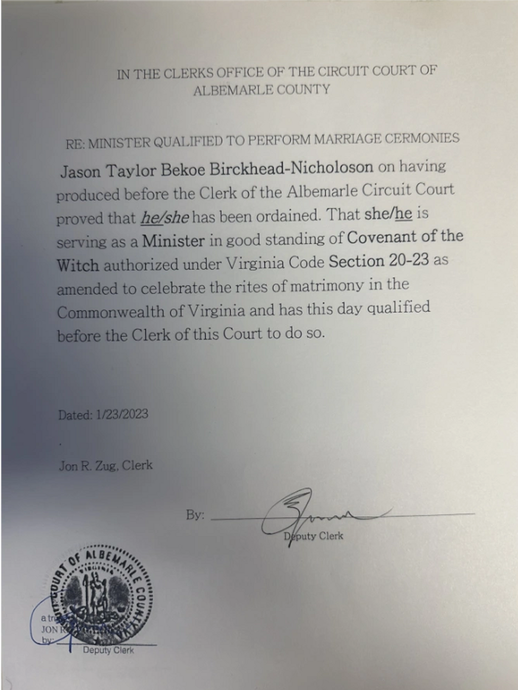 Jason Birckhead-Nicholson Ministry Rights