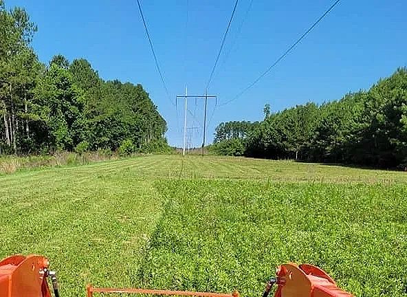 Bush hogging power line area with an orange Kubota tractor.