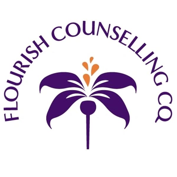 Logo with purple flower and text 'Flourish Counselling Co'.