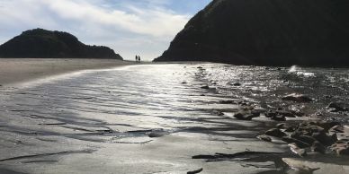 A serene beach scene with two people walking near rocky cliffs.