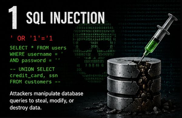 Visual explaining SQL Injection with code and database imagery.