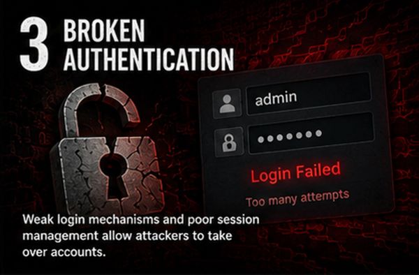 Visual highlighting broken authentication risks with failed login attempts and weak session management.
