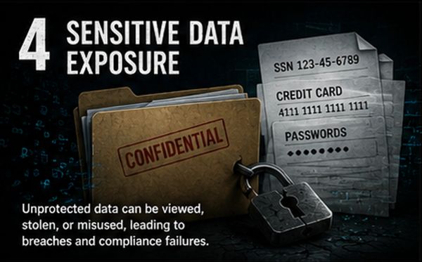 Sensitive data exposure risks include stolen SSNs, credit cards, and passwords.