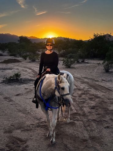 Person riding a horse at sunset in a desert landscape.