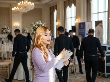 Woman in lavender sweater organizing event with clipboard in elegant venue.