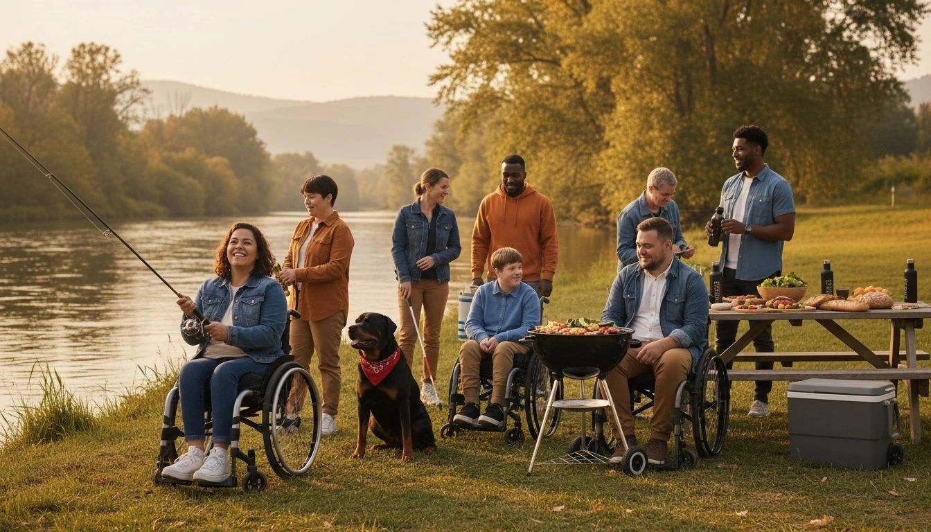 Group of friends, including people in wheelchairs, enjoying a lakeside barbecue and fishing.