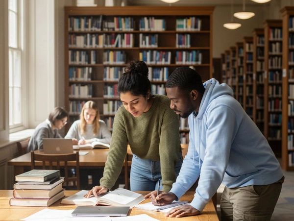 Two students studying together in a library filled with books.