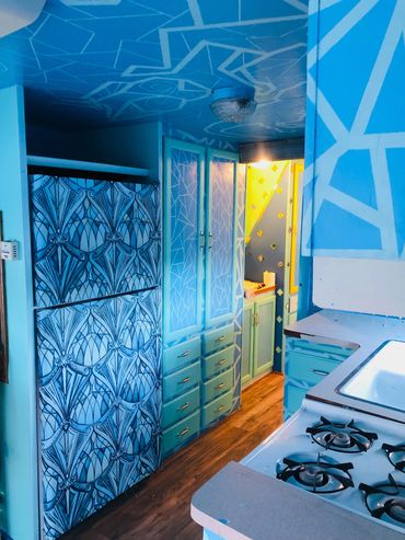 Fully custom renovated RV for a California desert resort. Themed and colored to match an afternoon