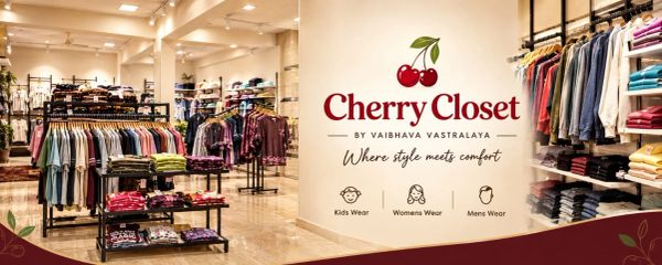 Clothing store Cherry Closet showcasing kids, women, and men's wear.