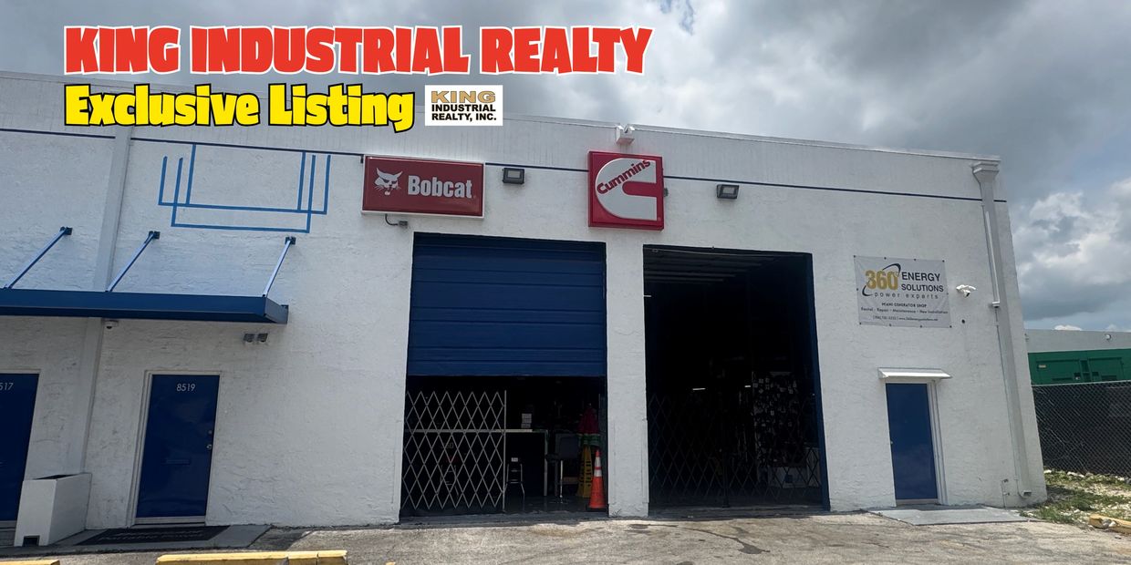 Industrial building with Bobcat and Cummins signs available for lease by King Industrial Realty.