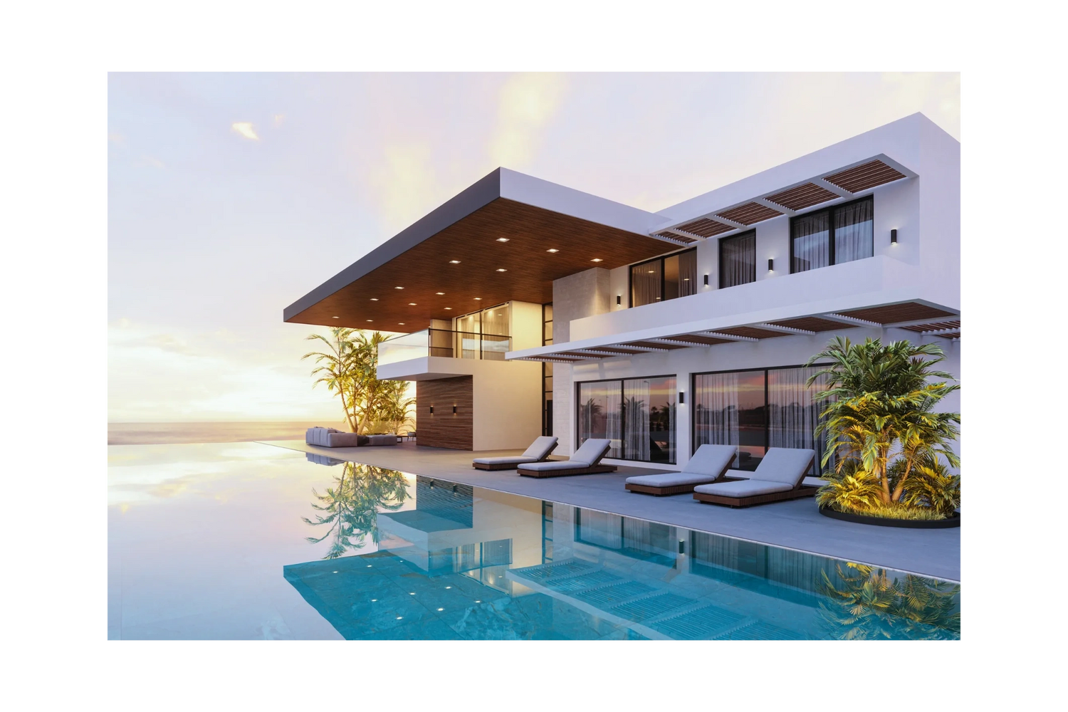Modern luxury villa with infinity pool and sunset view.