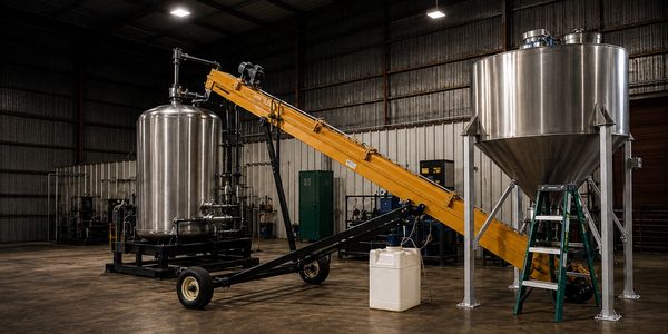 Industrial equipment setup inside a warehouse.