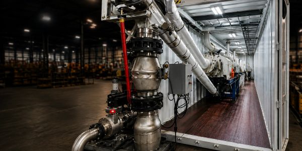 Industrial piping and machinery inside a warehouse container.