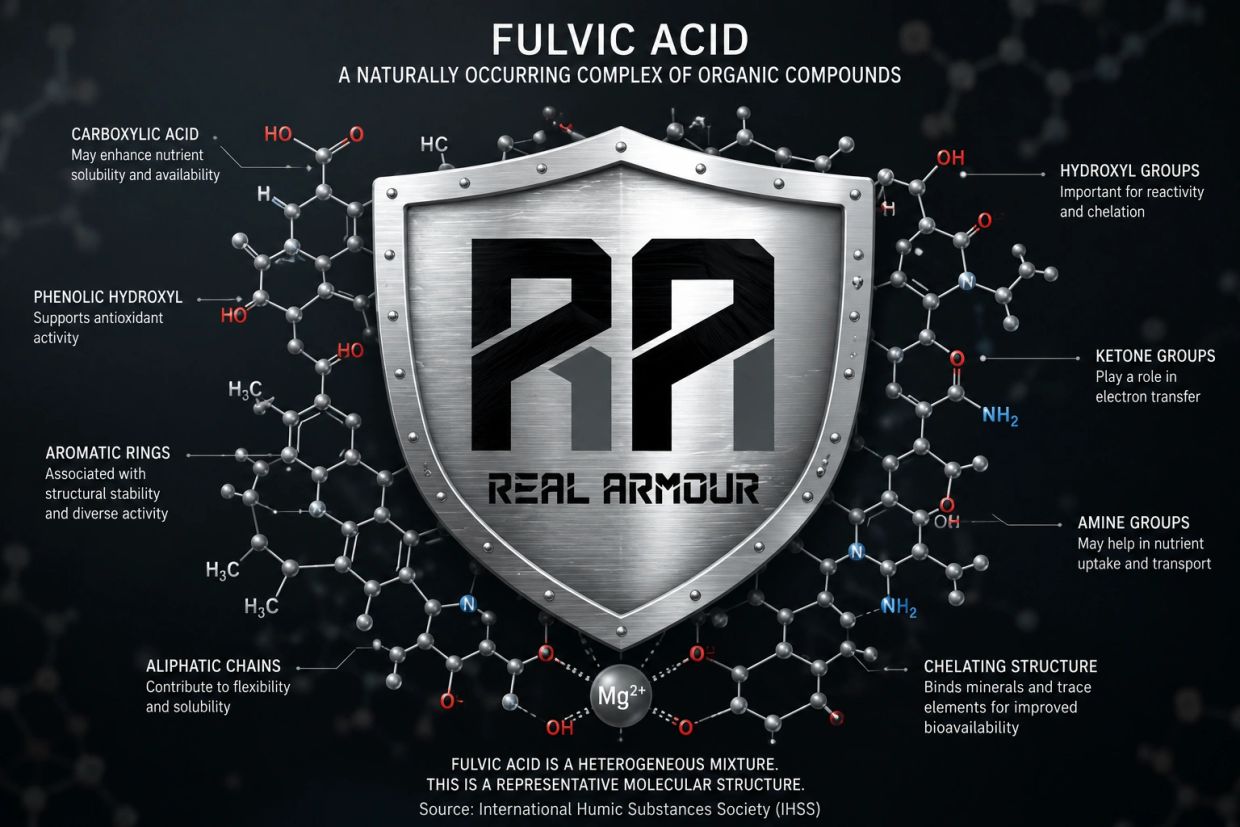 Diagram of fulvic acid's molecular structure and components.
