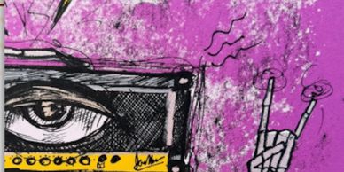 Graffiti art with a detailed eye and a hand making the rock music gesture.