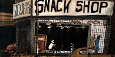 Vintage snack shop scene with people and a classic car at night.