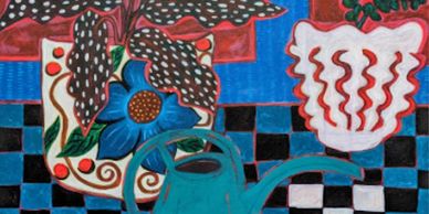 Colorful still life painting with plants and a watering can on a checkered table.