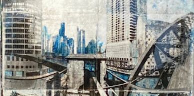 Abstract cityscape artwork with blue and gray tones.