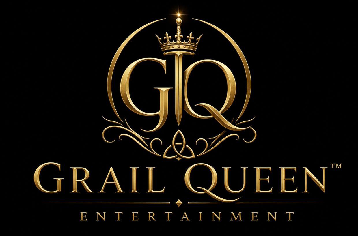 Golden Grail Queen Entertainment logo on black background.