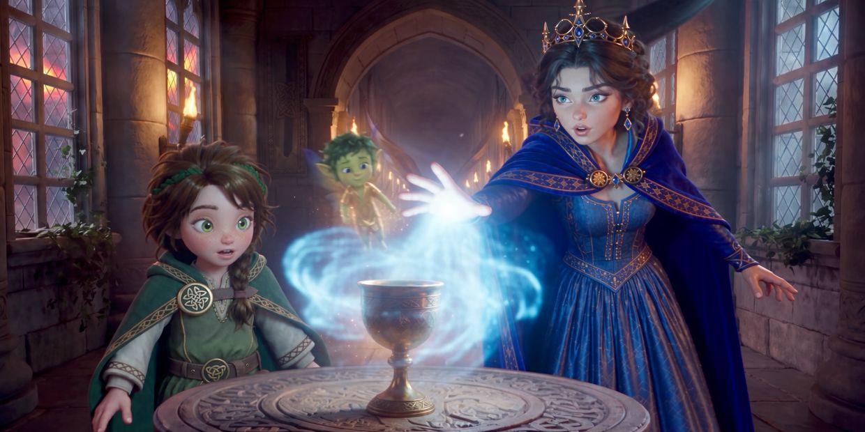Animated princess and two companions performing magic with a glowing cup.