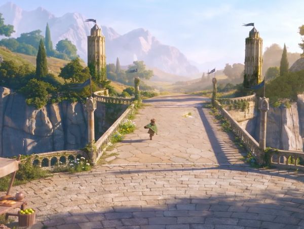 A child running on a stone bridge in a scenic fantasy landscape.