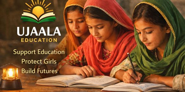 Three girls studying with books and a lamp, advocating education support and protection.