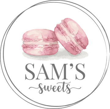 Logo with two pink macarons above the text 'SAM'S macarons'