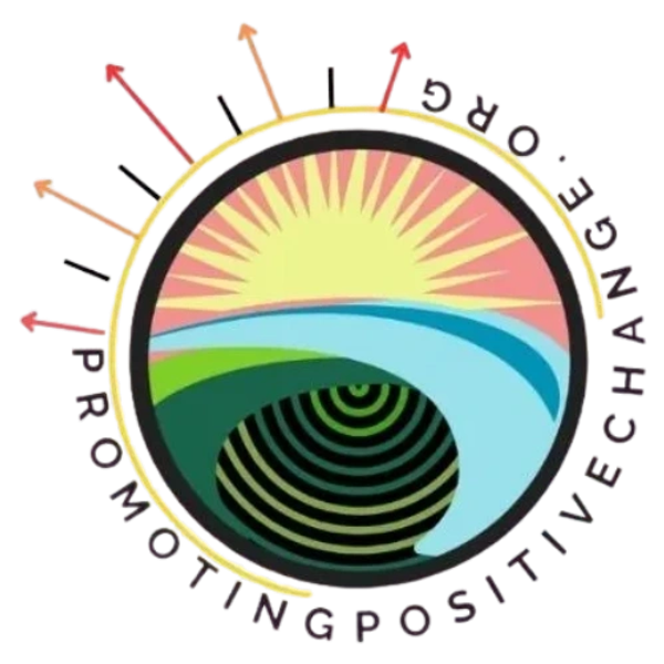 A colorful circular logo with sunrise, fields, and text promoting positive change.