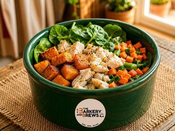 Colorful healthy bowl with chicken, spinach, sweet potatoes, and carrots.