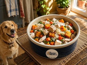 A happy dog looking at a bowl of colorful dog food on a table.