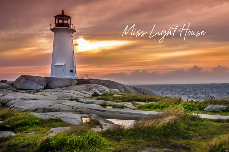 Lighthouse on rocky shore at sunset with dramatic sky.