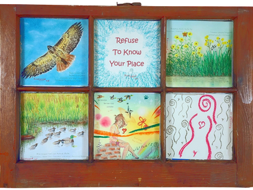 Artistic window panes depicting nature, empowerment, and resilience.