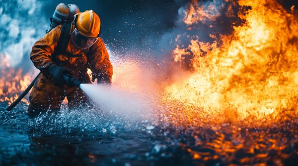 A firefighter in protective gear combats intense flames.