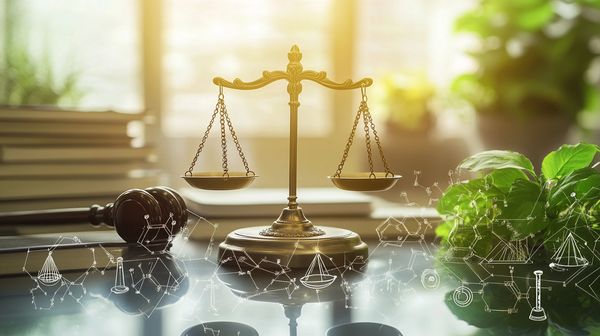 A scale of justice, gavel, books, and plants on a desk overlaid with scientific illustrations.