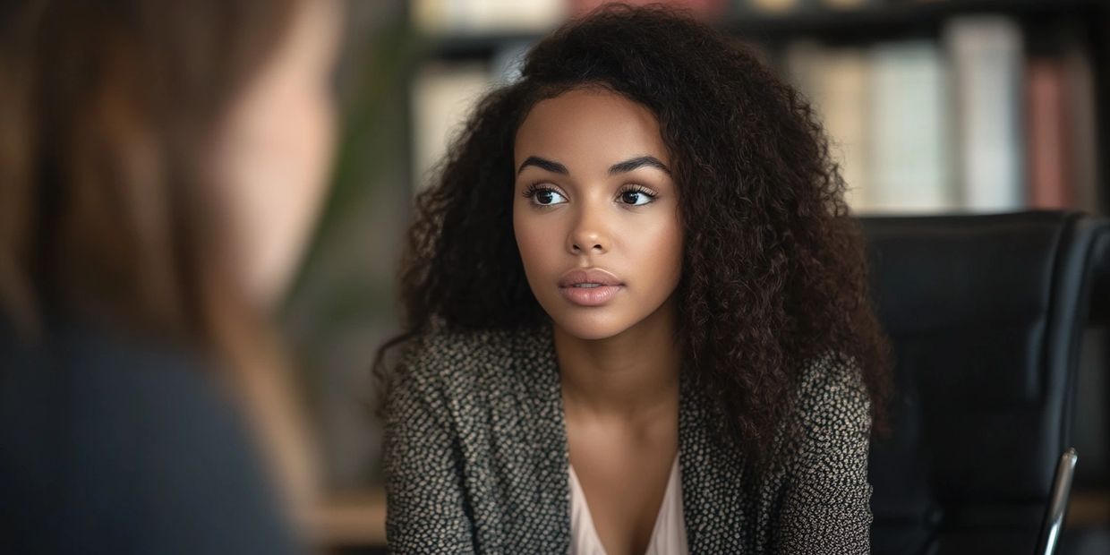A woman attentively listening during a conversation in a professional setting.