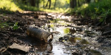 A discarded plastic bottle lying in a muddy stream in a forest.