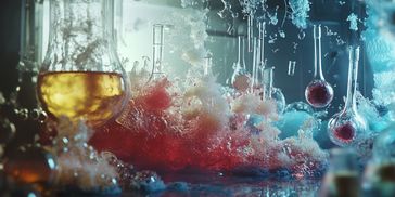 Laboratory glassware with colorful liquids and foam reacting in a dramatic chemical experiment.