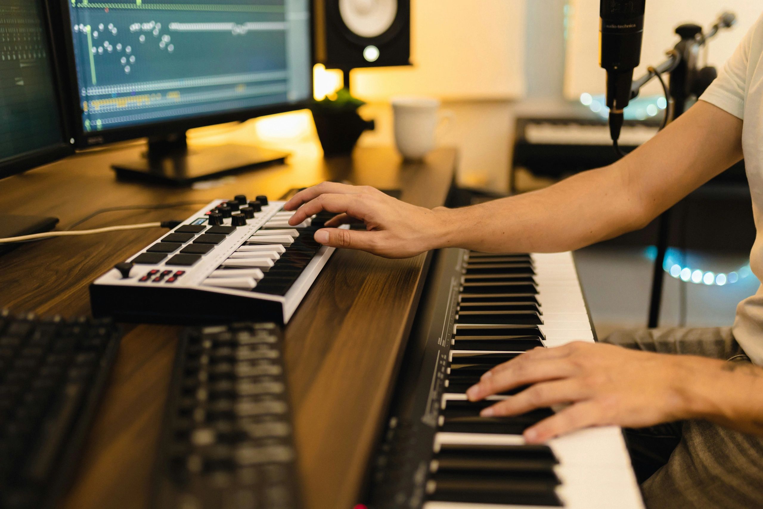 A music producer composing in a professional home studio, playing a MIDI keyboard while digital audi