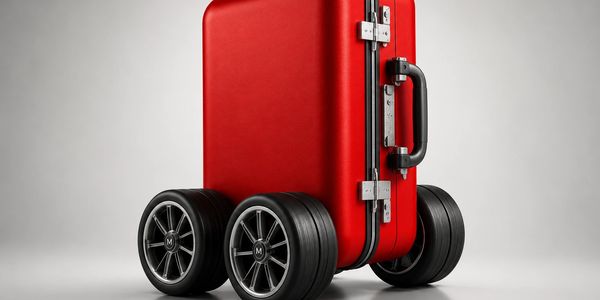 Red suitcase with large wheels designed like car tires.