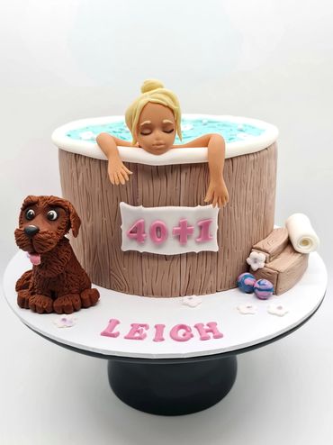 Red velvet cake. Hot tub cake with a blonde lady and a dog.