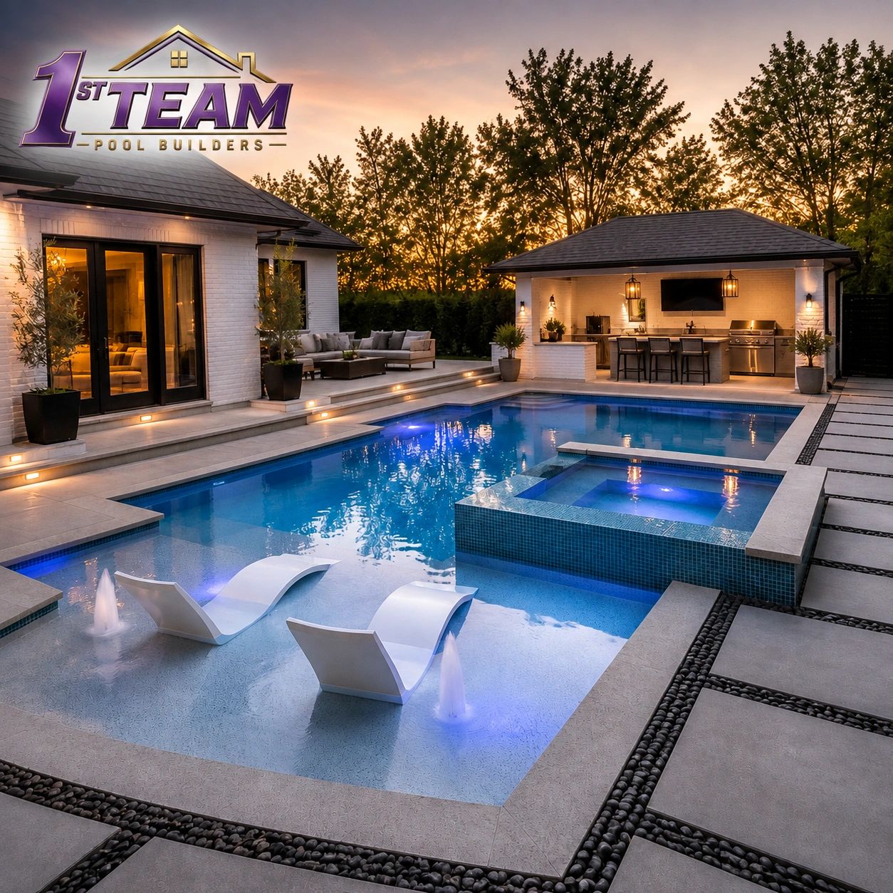 Custom swimming pool and outdoor living space in Baton Rouge, Louisiana.