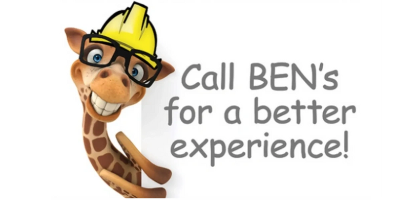BEN's Remodeling's mascot, the Giraffe, with a helmet, saying: Call BEN's for a better experience!