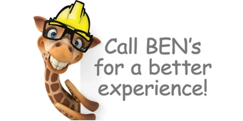 BEN's Remodeling's mascot, the Giraffe, with a helmet, saying: Call BEN's for a better experience!