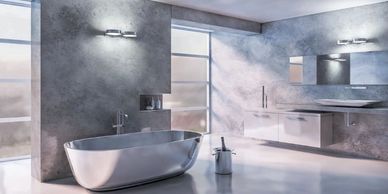 design of a bathroom with the fixtures & finishes and the color tiles
