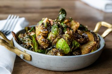 Roasted Brussels Sprouts in a small iron skillet