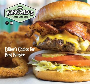 Juicy hamburger in ad for Kincaid's Hamburgers