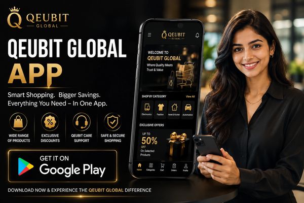 Promotional image for Qeubit Global app with a smiling woman holding a phone.
