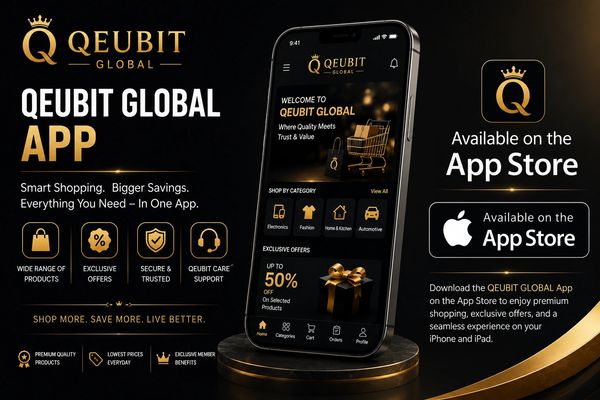 Advertisement for the Qeubit Global app available on the App Store.