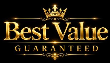 Golden text saying Best Value Guaranteed with crown.
