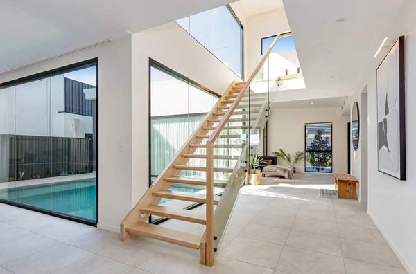 Stairs, pool, picture frames